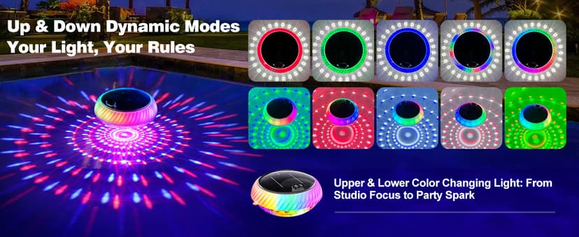 Askyli Floating Pool Lights Solar with Remote, 7.6 Inch RGB Up and Down Color Changing Solar Pool Lights That Float with Dynamic Lighting Effects, Floating Light for Pools, Party, Decor(2)