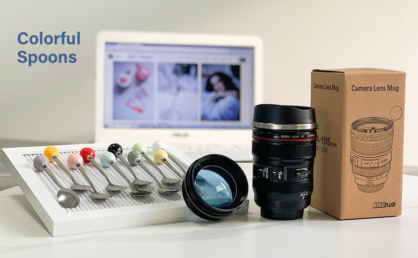 Camera Lens Coffee Mug,Travel Coffee Cup,Stainless Steel Lens Mug Thermos Camera Mugs with Lid and Spoon,Cool Gifts for Photographers Men and Women