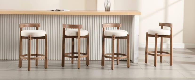 LukeAlon Mid Century Linen Counter Stools Set of 3, Upholstered 26.5" Seat Height Low Barstools with Natural Wood Legs Round Low Back Kitchen Stools with Footrest for Dining Room, Beige