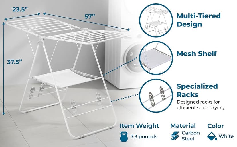 Honey-Can-Do Heavy-Duty Foldable Laundry Drying Rack – Portable Shoes & Clothes Rack for Indoor & Outdoor Use, Space-Saving Design, Easy to Fold Gullwing Design, Sturdy Metal, 50lb. Capacity, White