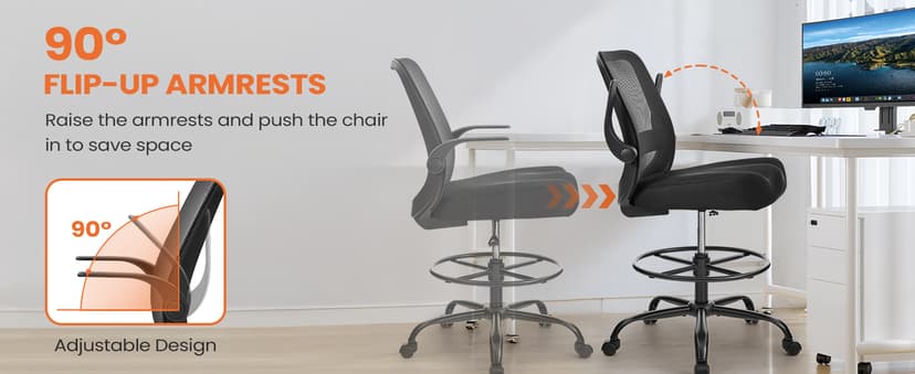 Drafting Chair for Standing Desks, 500LBS Capacity Tall Office Chair with Adjustable Height, Foot Ring, Flip-Up Armrests, Thick Curved Seat for Home Office, Drawing, and Creative Work