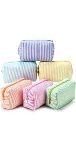 Makeup Bags Women Pouch, Large Preppy Storage Toiletry Travel Pouch for Wedding Bridesmaid Bride Favor Back to Teacher Gift Sanwuta 6 Pcs Seersucker Cosmetic Bags Bulk, Striped Zippered,Khaki B0FXMF4P4J