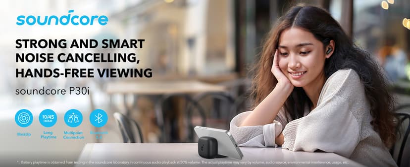 Soundcore P30i by Anker Noise Cancelling Earbuds, Strong and Smart Noise Cancelling, Powerful Bass, 45H Playtime, 2-in-1 Case and Phone Stand, IP54, Wireless Earbuds, Bluetooth 5.4 (Black)