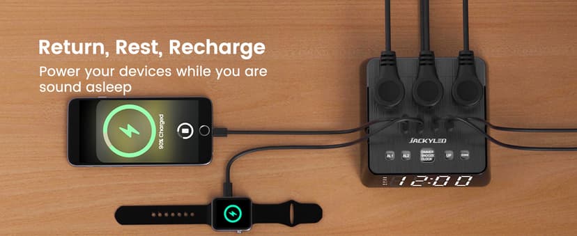 JACKYLED Alarm Clock with 4 USB Chargers Power Strip 3 Outlets 1700J Surge Protector Nightstand Dimmable Digital Clock with Dual Alarm and Snooze Function for Bedroom, Full Screen LED Display