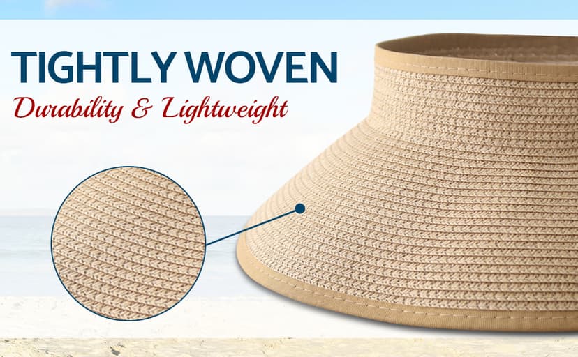 NPJY Sun Hats for Women Wide Brim Roll-Up Beach Ponytail Hat Packable Foldable Travel Straw Visor