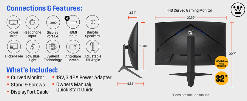 Westinghouse 32 Inch Curved Gaming Monitor, 165Hz, 1ms, FHD 1080P, 3000:1 Contrast Ratio, 118% SRGB, 1500R, AMD FreeSync, Eyecare, for PC Games with Built-in Speakers, DisplayPort, HDMIx2