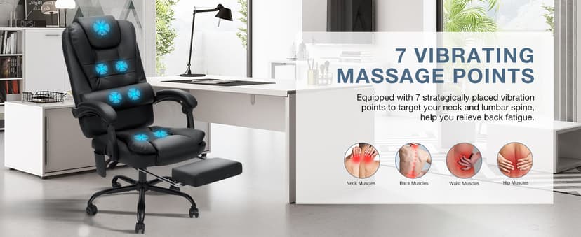 HOFFREE Massage Office Chair with Foot Rest 7 Points Vibration Ergonomic Executive Desk Chair Leather Computer Office Chair Black