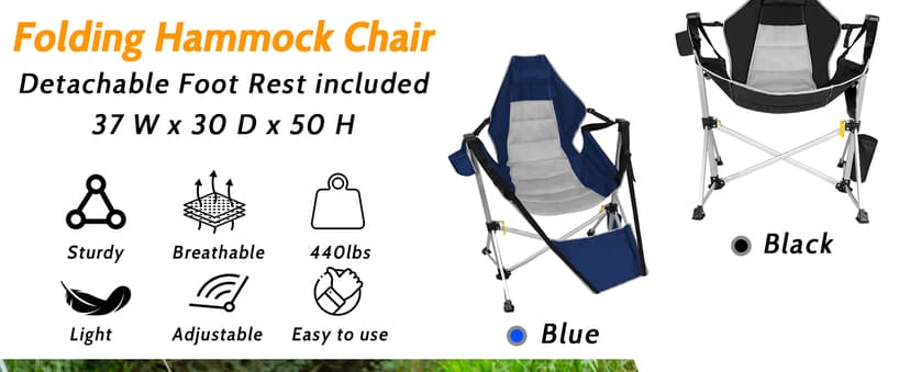 Romswi 2-Pack Aluminum Hammock Chair with Footrest, Oversized Portable Folding Swinging Chair with Adjustable Back & Seat, Lightweight Rocking Camp Chair Supports 440lbs for Outdoor, Patio - Black