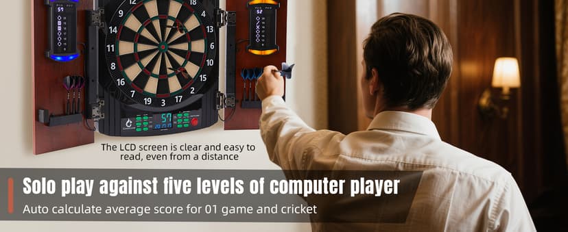 Electronic Dart Board with Wooden Door, Electric Dartboard with Heckler & Light Effects, Digital Soft Tip Dartboards for Game Room Man Cave Bar, 12 Darts, 100 Soft Tips