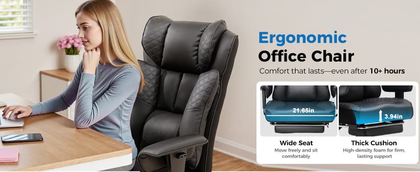 GTPLAYER Big and Tall Office Chair Wide Ergonomic Gaming Chair with Deluxe Embossing Designed Leather with Foot Rest,150°Reclining Adjustable Soft Armrests Pocket Spring Back Support and Pillow