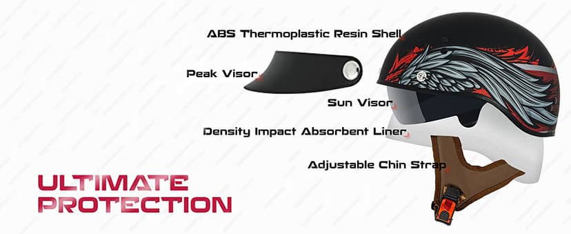 VCAN Cruiser Half Face Motorcycle Helmet with Drop-Down Sun Visor, Removable Peak and Quick Release Buckle