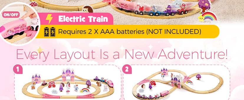 Pink Train Track Set Fairy Theme with Multiple Layouts, Birthday Gift Toys for Girls 3 4 5 6 Year Old Wooden Train Set Electric, 50 PCS Unicorn Princess Wood Track for Girls B0HDSGBW7S