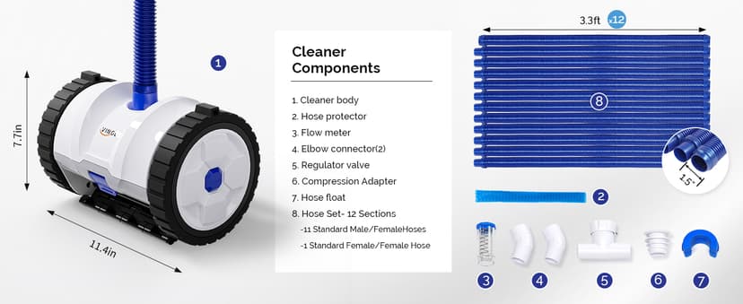 VINGLI Pool Vacuum Cleaner, Suction Side Wall-Climbing Sweeper for Ground&Inground Pools, Automatic Pool Vacuum with 39.6ft Tangle-Free Hose (Navy Blue&White)