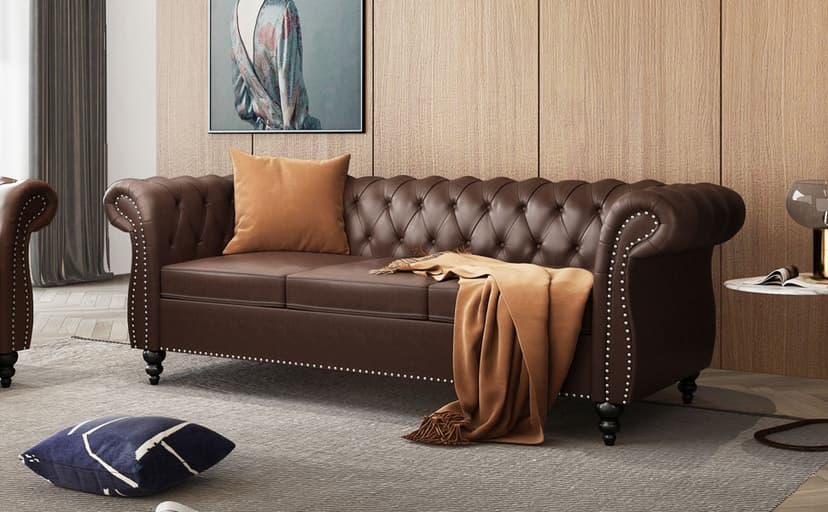 ORRD 3 Piece Living Room Set, Chesterfield Leather Sofa Loveseat Couch Chair with Scroll Arms and Nailhead for Living Room, Office (Dark Brown)