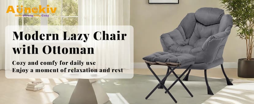 Lazy Chair with Ottoman, Comfy Accent Lounge Chair with Side Pocket, Modern Reading Armchair with Footrest, Upholstered Sofa Chair for Small Spaces, Bedroom, Living Room, Dorm, Darkgrey