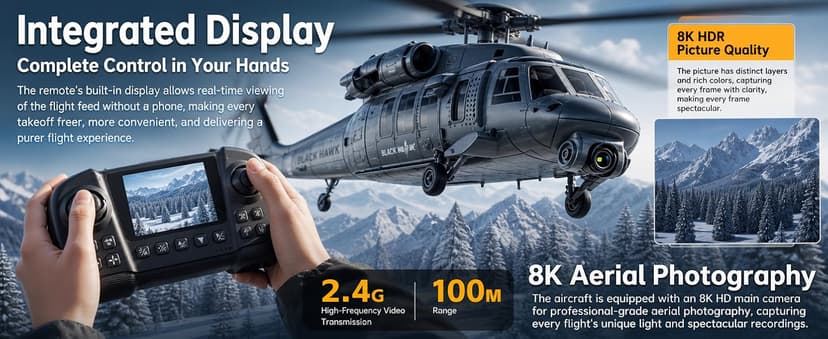 RC Helicopter with Camera, Drone, Remote Control Helicopter for Adults, 8K Aerial Photography, Altitude Hold, LED Lights, Ready to Fly for Gift