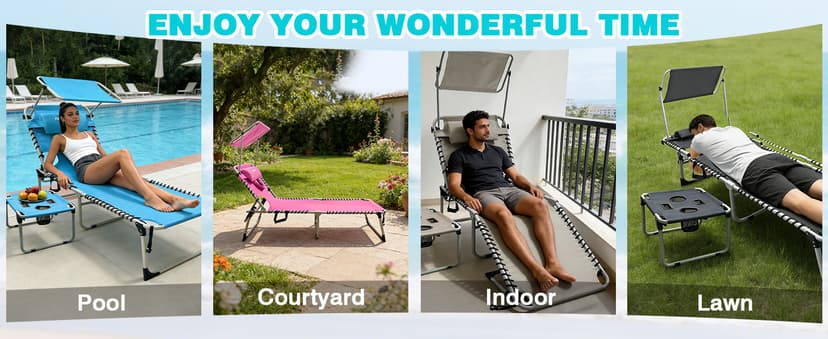 Outdoor Tanning Chair with Sun Canopy Shade & Face Hole, Folding Lounge Chair with Beach Table and Carry Bag for Poolside Sunbathing Lawn