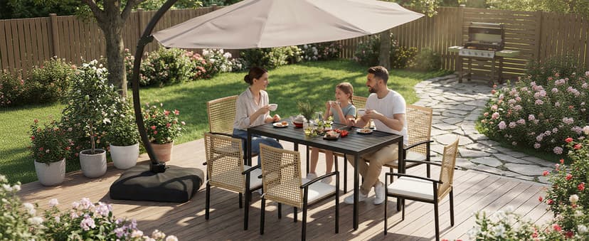 7-Piece Outdoor Dining Set for 6, Patio Dining Set with Hand-Woven Wicker Chairs & Cushions, 60" x 33" x 30" Wider Aluminum Woodgrain Table for Deck, Garden, Backyard