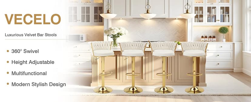 VECELO Bar Stools Set of 2, Adjustable Barstools Counter Height Stools with Back and Arm, Velvet Woven Kitchen Island Stools w/Gold Metal Leg & Base, 360° Swivel Bar Chair for Pubs Dining Room, White