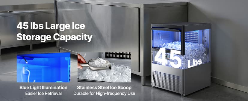 VEVOR Commercial Ice Maker Machine, 200 lbs/24h with 50 lbs Storage Capacity, Built-in/Freestanding/Under Counter, Stainless Steel Ice Maker with LED Display & Self-Cleaning, for Home Bar Restaurant