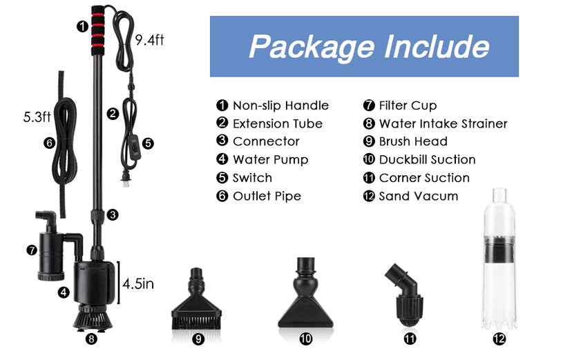 AQQA Electric Aquarium Gravel Cleaner, 6 in 1 Automatic Fish Tank Cleaning Tools Gravel Vacuum for Aquarium, Suitable for Change Water Wash Sand Water Filter and Water Circulation (320GPH, 20W)