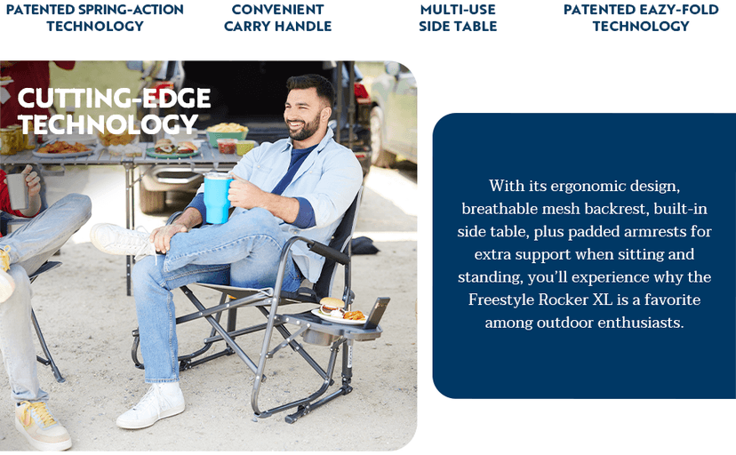 GCI OUTDOOR Freestyle Rocker XL with Side Table Camping Chair | Portable Folding Rocking Chair with Solid, Durable Armrests, Drink Holder & Comfortable Backrest — Red