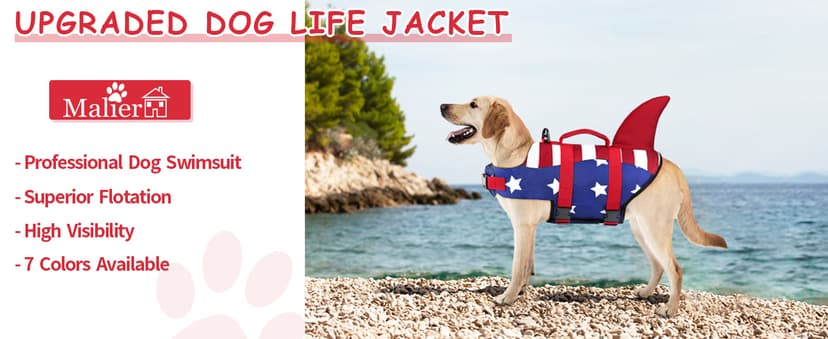 Malier Dog Life Jacket, High Buoyancy Shark Swimsuit, Ripstop American Flag, Medium, Red & Dark Blue