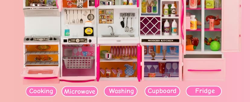 5 in 1 Kids Kitchen Playset Toys with Light & Sound, Doll House Furniture Accessories, 64 PCS Pretend Cooking Food Set, Play Kitchen for Toddlers, Gifts for Girl Ages 3-5 Year Old