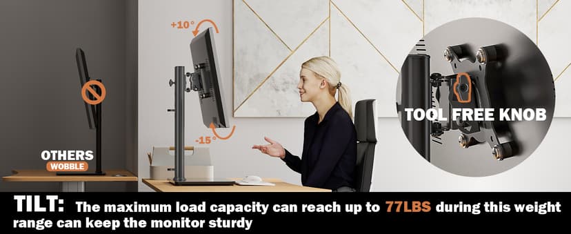 Single LCD Computer Monitor Free-Standing Desk Stand Mount Riser for 13 inch to 32 inch screen with Swivel, Height Adjustable, Rotation, Vesa Base Stand Holds One (1) Screen up to 77Lbs(HT05B-001))