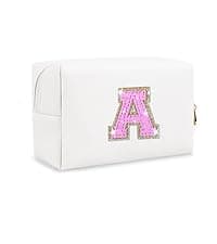 Small Personalized Initial A-Z Preppy Patch Makeup Bag,White PU Chenille Letter Travel Cosmetic Pouch with Zipper,Cute Toiletry Bag,Gift Ideal for Teen Girls Women Teacher Bridesmaid,Letter E