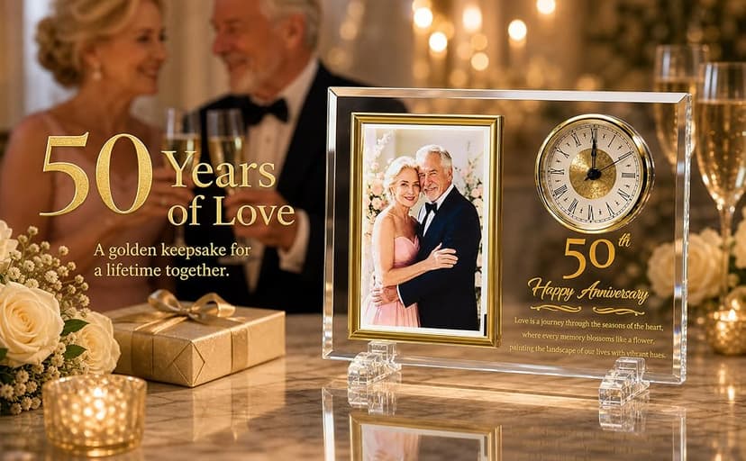 Dxaeqr 50th Wedding Anniversary Keepsake for Couples, Crystal Glass Photo Frame Clock, Golden Anniversary Present for Parents Grandparents Wife Husband, Holds 4x6 Photo B0G6WN24TD