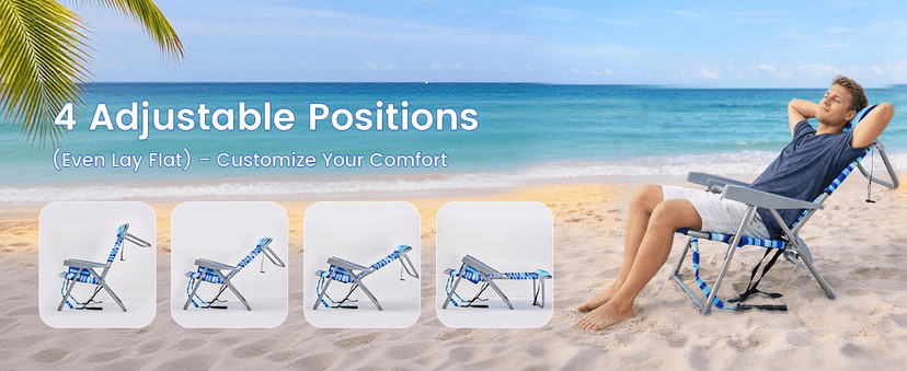 GVDV Backpack Beach Chairs for Adults 2 Pack, Portable Lay Flat Folding Chair with Cup Holder and Towel Bars, 4-Position Adjustable Reclining Chair for Beach, Camp, Outdoor, Blue Ocean