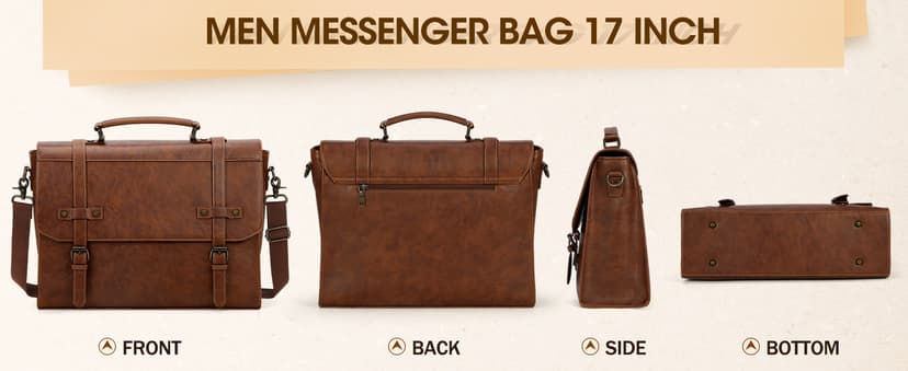 RAINSMORE Mens Messenger Bag 17 Inch Waterproof Vintage Leather Laptop Briefcase Large Laptop Bag Satchel Bag Computer Shoulder Bag for Office Business Travel College,Brown