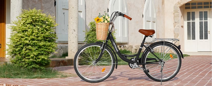 Outroad Beach Cruiser Bike, 24/26 inch Commuter Bicycle for Adult and Women,High-Carbon Steel Comfortable City Bikes with Rear Rack and Basket, (Black/Pink/White/Green/Purple)