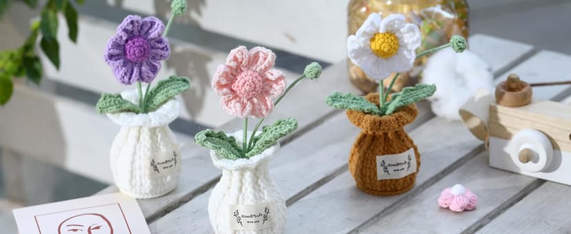 Cute Gifts for Women, Boss Day, Teacher Appreciation, Coworker & Nurse Thank You Gift, Desk Decor, 4.7 In H × 2.4 In W Forget-Me-Not Crochet Flower Potted Plant Gift B0F26ST99P