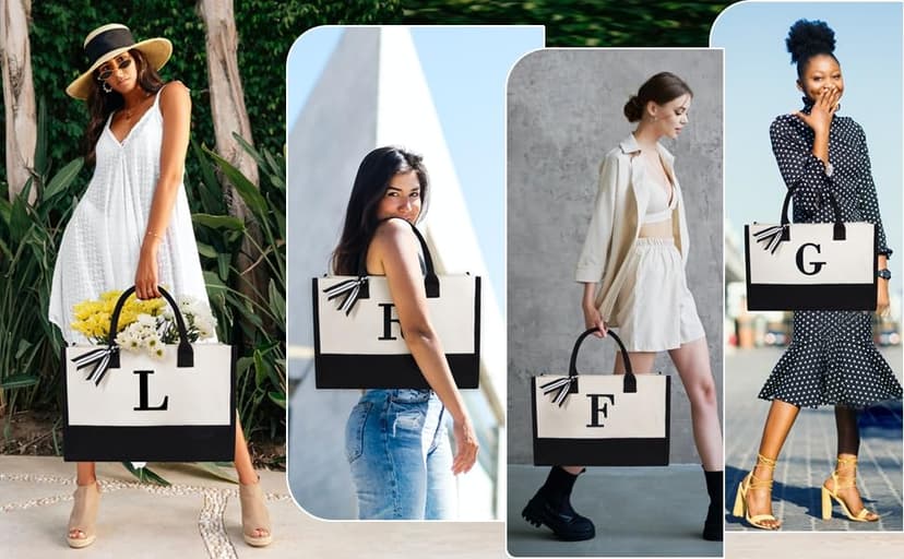 TOPDesign Personalized Initial Canvas Beach Bag, Monogrammed Gift Tote Bag for Women
