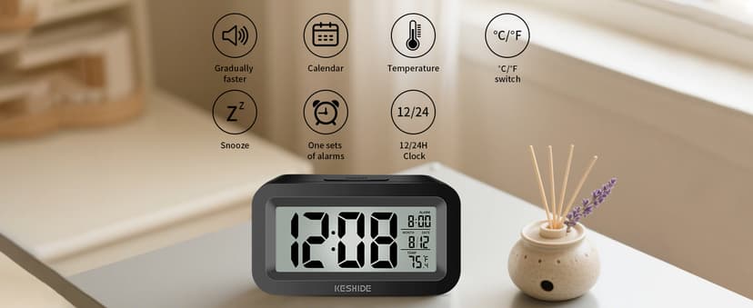 KESHIDE Travel Digital Alarm Clock, Battery Operated with Indoor Temperature, Desk Small Clock,Snooze Model,12/24H Display for Bedrooms Heavy Sleepers Kids Travel Bathroom (Black)