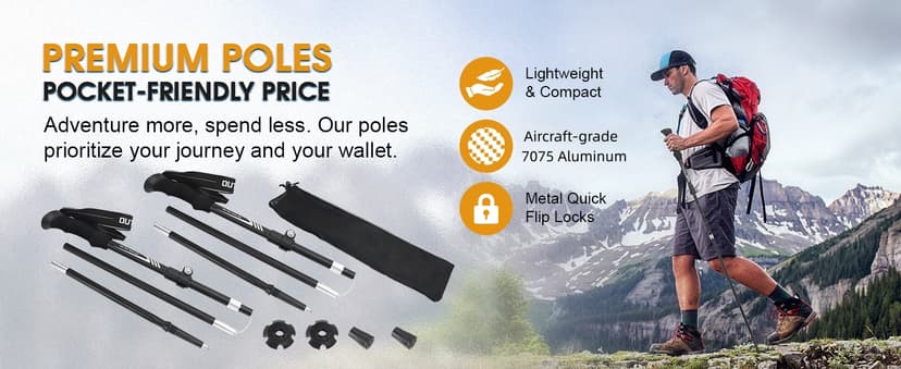 Folding Hiking Poles, Lightweight 7075 Aluminum Alloy Mountain Tech Trekking Poles for Men, Collapsible Walking Sticks for Travel, EVA Foam Grip, Set of 2 - Black
