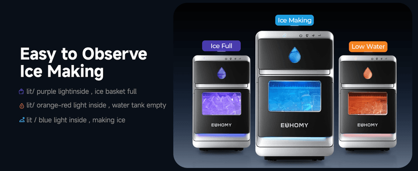 EUHOMY LunaArc Crescent Ice Maker Countertop, 16Pcs Ready in 12Mins, 1600Pcs/Day, Auto Deep Cleaning, Timer, Adjustable Ice Thickness, Portable Ice Cube Maker for Whiskey/Coffee/Soft Drinks