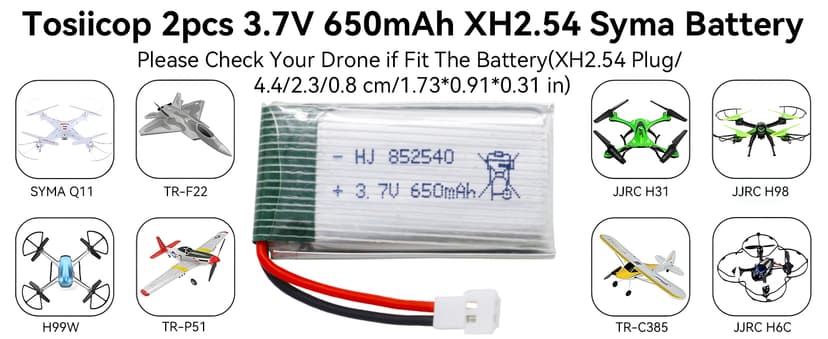 3.7v Drone Lipo Battery - 2 Pack 650mAh Rechargeable Batteries for SYMA X5 Serial UVA Quadcopter Drones XH2.54 Connector with 2 Chargers SYMA X5C X5SW X5SC WLtoys V252 XT Flyer