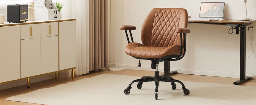 YFO Home Office Desk Chair Office Rubber Casters Ergonomic Computer Chair with Lumbar Support Adjustable Height Rolling Swivel Executive Task Armrests Chair, Brown Leather