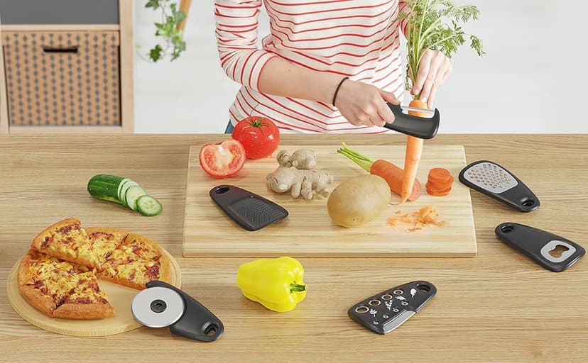 Pisol Kitchen Unique Gadgets Set 6 Pieces, Space Saving, Cheese Grater, Bottle Opener, Fruit Vegetable Peeler, Pizza Cutter, Garlic Ginger Grinder, Herb Stripper Gift Set