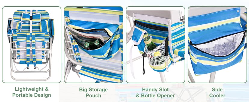 Romswi Tall Beach Chair Extra Wide for Adults, 17" High Seat Backpack Beach Chair with Cooler Bag, Cup & Phone Holder, 5-Position High Back Reclining Chair with Towel Bar & Zipper Pocket, Blue Stripes