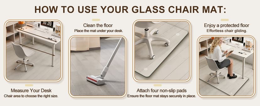Tempered Glass Chair Mat 48" x 32",1/5" Thick for Office Desk,Rolling Chair Mat for Carpet, Odorless, Easy to Clean with 4 Non-Slip Pads for Carpet & Hardwood Floors