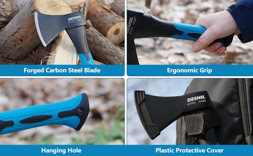 10” Outdoor Hatchet Forged Carbon Steel Heat Treated Hand Tool, Fiberglass Shock Reduction Handle with Anti-Slip Grip, Blue