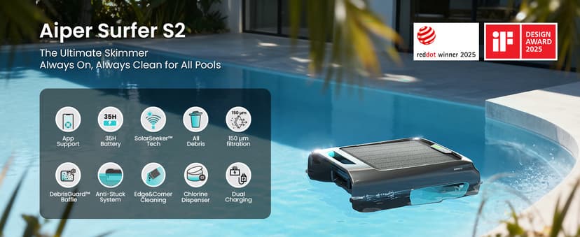 AIPER Surfer S2 Solar Powered Pool Surface Skimmer Robot with APP Support, 24/7 Continuous Cleaning, Dual Charging Modes, Smart Obstacle Avoidance, 150-um Filtration, OTA Upgrade
