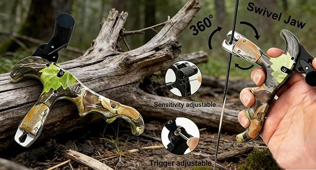 Archery Bow Release for Compound Bow, 4-Finger Adjustable Sensitivity Thumb Release Aid, 360° Rotatable Head for Hunting and Target Practice (Camouflage)
