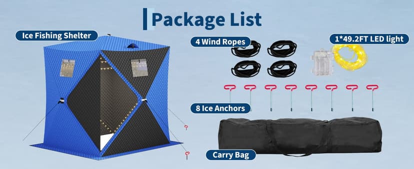 Garvee Pop Up Ice Fishing Shelter and Insulated Ice Fishing Tent with 49ft LED Light Strip, Windproof Portable Hub Design, Fits 1-8 People, 25-69 sq ft Fishable Area, Blue+Black