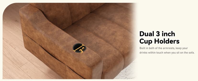 Brelice 80'' Leather Couch, Futon Sofa Bed, Faux Leather Couch with Adjustable Backrest, 2 Cup Holders & Side Pockets, Mid Century Modern Sofa for Living Room, Bedroom, Brown