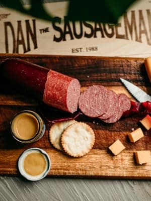 Dan the Sausageman Juneau Gourmet 8 items Gift Basket - Original Summer Sausage, Wisconsin Cheese, Mustard, Craker, Olives, Nuts and Candy | Gift Snack Box
